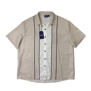 Eleven Oasis Shirt Mens XXL 2XL Cream White Striped Short Sleeve Camp Bowling